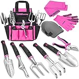 THINKWORK Pink Garden Tools, Gardening Gifts for Women, with 2 in 1 Detachable Storage Bag, Trowel, Transplanter, Rake, Weeder, Cultivator, Purning Shears and 3 Additional Protection Tools photo / $35.99